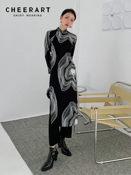 CHEERART 2022 Fashion Wanita Vintage Cheongsam Gaun Hitam Panjang A Line Lengan Panjang Wanita Gaun Celah Tinggi Pakaian Estetika Wanita