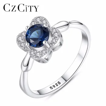 CZCITY Biru Bentuk Bunga Batu Permata Safir Cincin Perak Murni 925 untuk Wanita Perhiasan Pertunangan Pernikahan Pengantin Zirkonia Kubik