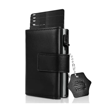 Casing Kartu Kredit Dompet Mini dengan Dompet Koin Ritsleting Pria Perlindungan RFID Dompet Kartu Kulit Asli Tempat Kartu Aluminium Kecil