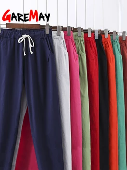 Celana Panjang Pergelangan Kaki Panjang Kasual Wanita 2023 Musim Panas Musim Gugur Pinggang Elastis Lembut Celana Linen Katun Berkualitas Tinggi S-XXL