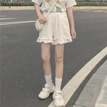 Celana Pendek Wanita Gaya Preppy Celana Panjang Kaki Lebar Ruffle Elastis Pinggang Tinggi Jepang Pelajar Chic Korea Manis All-Match Kasual Baru