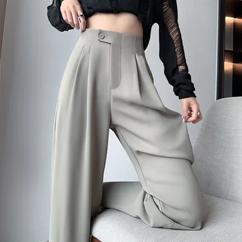 Celana Setelan Wanita Musim Semi dan Musim Gugur 2023 Celana Lebar Kaki Gorden Pinggang Tinggi Baru Celana Versi Longgar dan Ramping