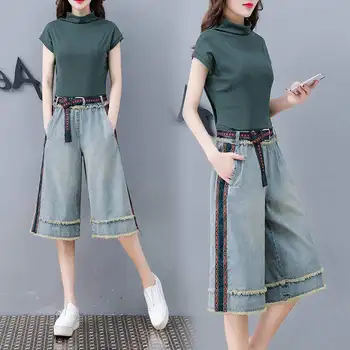 Celana Wanita Baru Musim Panas Versi Korea Retro Tipis Longgar Celana Denim Kaki Lebar Tujuh Titik Warna Terang Fashion Tipis Tipis