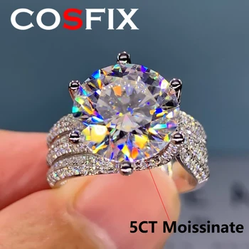 Cosfix 5CT D Warna Moissanite Cincin untuk Wanita S925 Sterling Silver Berlapis Emas Putih Pernikahan Perhiasan Wanita Hadiah Cincin