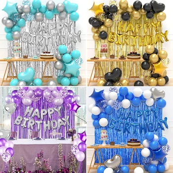 Dekorasi Pesta Ulang Tahun Set dengan Spanduk Confetti Balon Lateks Balon Foil Hati Tirai Pinggiran untuk Perlengkapan Pesta Ulang Tahun