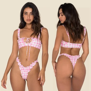 Desain Ruffle Baju Renang Wanita Bikini Thong Seksi Pakaian Pantai Kasual Pakaian Mandi Wanita Brasil Set Bikini Mandi Pantai Pakaian Renang