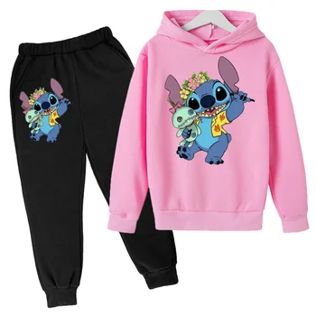Disney Stitch Pakaian Anak-anak Kasual Set Hoodies 2 Potong Pakaian Pakaian Olahraga Anak Perempuan Laki-laki Keren Pakaian disney jahitan Bayi Anak-anak