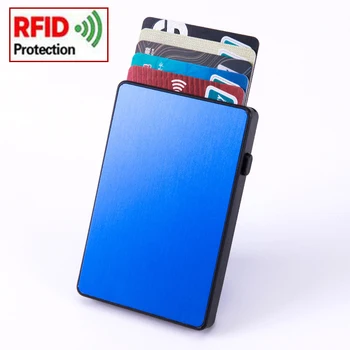 Dompet Kartu RFID Aluminium + Plastik Pria Ramping Biru Tempat Kartu RFID ID Pop Up Tipis untuk Pria Casing Kartu Logam untuk Wanita Wanita
