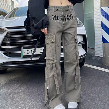 Dongdaemun Korea 2023 Y2k dengan Sabuk Celana Kargo Gotik Antik Streetwear Desain Huruf Hip Hop Celana Wanita Kaki Lebar Lurus
