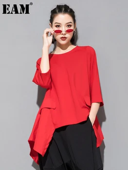 [EAM] Kaus Kasual Ukuran Besar Keliman Tidak Beraturan Merah Wanita Baru Leher Bulat Setengah Lengan Longgar Mode Musim Semi Musim Gugur 2023 1DF5286