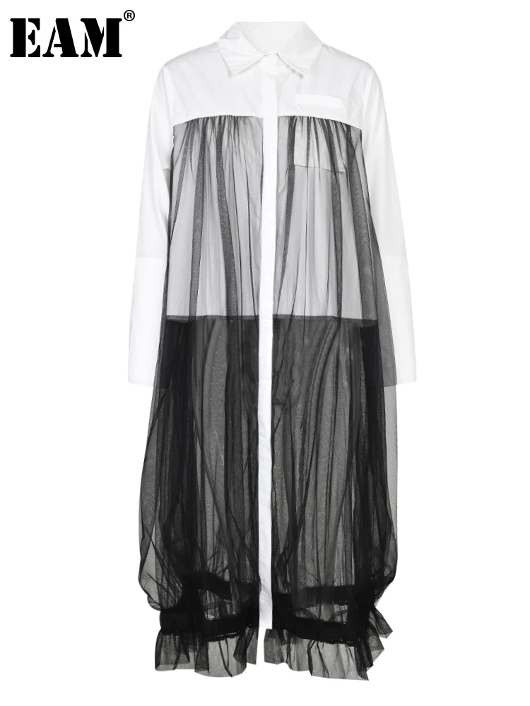 [EAM] Gaun Kemeja Ukuran Besar Panjang Jaring Blok Warna Putih Wanita Kerah Baru Mode Longgar Lengan Panjang Musim Semi Musim Gugur 2023 1DF574101 - 0