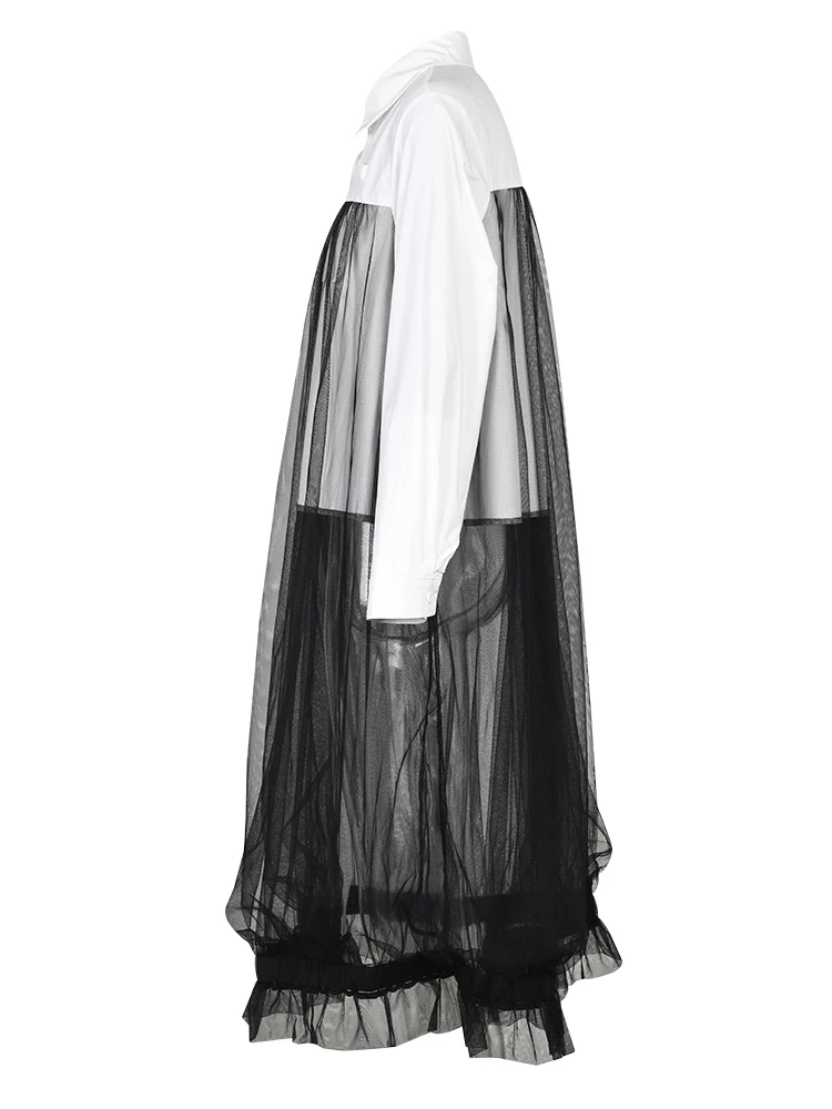 [EAM] Gaun Kemeja Ukuran Besar Panjang Jaring Blok Warna Putih Wanita Kerah Baru Mode Longgar Lengan Panjang Musim Semi Musim Gugur 2023 1DF574101 - 1