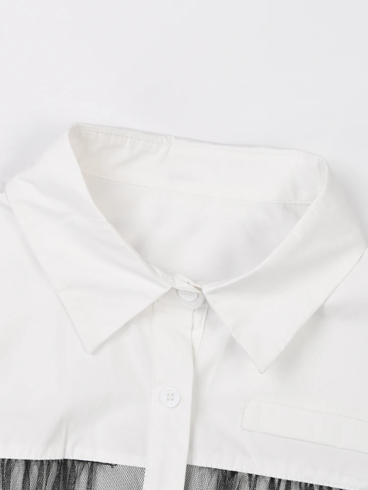 [EAM] Gaun Kemeja Ukuran Besar Panjang Jaring Blok Warna Putih Wanita Kerah Baru Mode Longgar Lengan Panjang Musim Semi Musim Gugur 2023 1DF574101 - 3