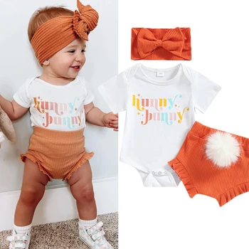 FOCUSNORM 0-18M Set Pakaian Bayi Perempuan Bayi Paskah 3 Buah Baju Monyet Lengan Pendek Motif Huruf Ikat Kepala Celana Pendek Ekor Kelinci Bobbles