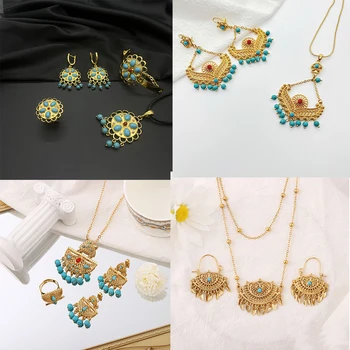 Fashion Wanita Kalung & Anting-anting & Cincin Melubangi Dubai Gaya Arab Turquoise Ruby Kalung Timur Tengah Perhiasan Set