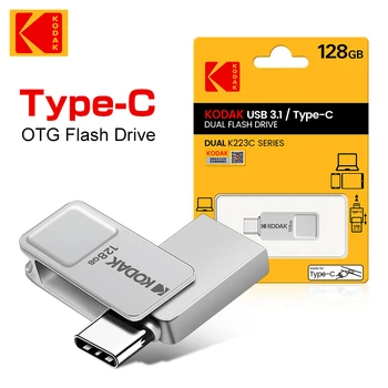 Flash Drive USB Logam Kodak K223C Asli 64GB 128GB USB3.1 Stik Memori 80MB/Dtk Flashdisk Mini Disk U OTG untuk Ponsel Cerdas Tipe-C
