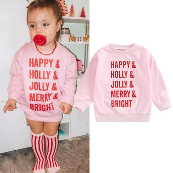 Focusnorm Bayi Anak-anak Gadis Anak Laki-laki Musim Gugur Sweatshirt T Shirt 0-5Y Natal Huruf Dicetak Pullover Lengan Panjang Lebih Tahan Dr