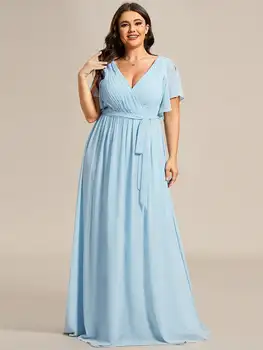 Gaun Malam Ukuran Plus Lengan Ruffle Leher V Dalam Panjang Lantai 2023 Gaun Wanita Prom Biru Langit A-Line yang Cantik