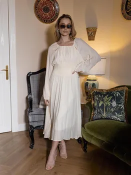 Gaun Maxi Musim Panas Putih Lengan Panjang Sifon Gaun Pesta Malam Wanita Elegan Gaun Panjang Pantai Boho Antik untuk Wanita