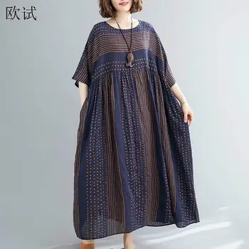Gaun Musim Panas Bergaris Polka Dot Kebesaran Gaun Panjang Wanita 2023 untuk Wanita Gaun Vintage Kasual Katun Fashion Baru Vestidos