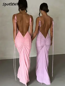 Gaun Selempang Panjang Pinggul Bungkus Punggung Terbuka Gaun Bodycon Berenda Tanpa Lengan Seksi Gaun Perjamuan Musim Panas 2023 untuk Wanita Vestidos