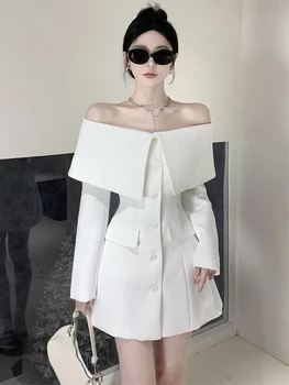 Gaun Setelan Pinggang Berpayet Satu Bahu Desainer Musim Panas Kasual Gaun Formal Elegan Putih untuk Pakaian Wanita