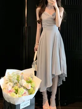 Gaun Sifon untuk Gaun Pesta Mode Tanpa Lengan Wanita Gaun Spaghetti Strap Mini Ruffle Solid Ramping 2023 Gaun Musim Semi Musim Panas Baru