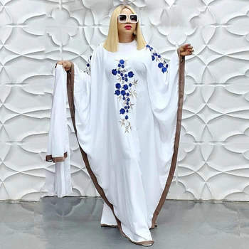 Gaun Ukuran Plus Afrika MD untuk Wanita 2023 Gaun Panjang Bunga Bordir Abaya Hijab Putih Muslim Ramadhan Gaun Pesta Pernikahan