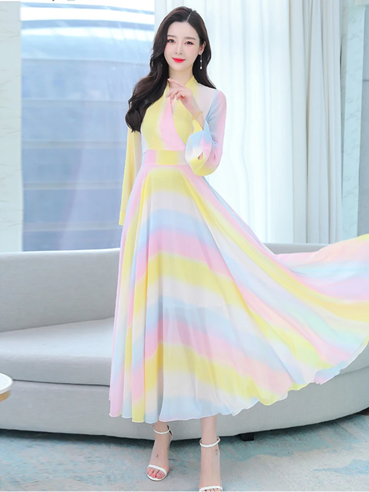 Gaun Lengan Panjang Kasual Pantai Sifon Elegan Pakaian Wanita Gaun Maxi Mode Korea Prom Musim Semi Musim Panas 2023 Malam Mewah - 1