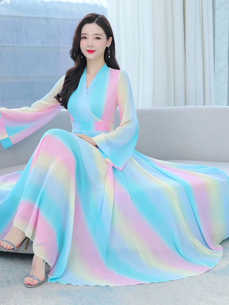 Gaun Lengan Panjang Kasual Pantai Sifon Elegan Pakaian Wanita Gaun Maxi Mode Korea Prom Musim Semi Musim Panas 2023 Malam Mewah - 2