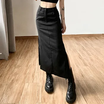 Goth Grunge Gelap Kasual Tag Split Rok Midi Wanita Mal Gothic Punk Rok Panjang Ramping Angkat Tinggi Y2k Streetwear Mode Seksi