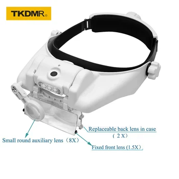 Headband Magnifier Kaca Pembesar dengan 3 Lampu LED 1. 5X8X2X Lensa Pembesar untuk Pembuat Jam Membaca Perhiasan Alat Perbaikan Jam Tangan