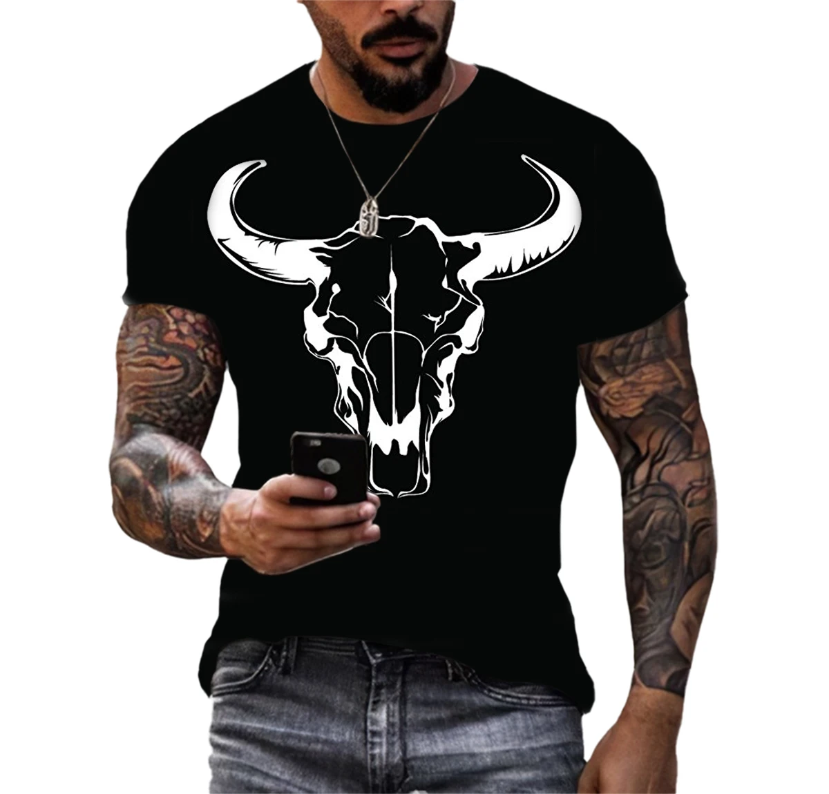 Hewan Kepala Banteng Totem Spanyol Adu Banteng 3D Printing T-shirt Kepribadian Tren Street Lengan Pendek Nyaman Olahraga Top 6X - 1