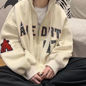 Hoodie Zip Up Motif Huruf Antik Jaket Wanita Sweatshirt Pakaian Remaja Kasual Kebesaran Streetwear Hip Hop 2022 Korea Baru