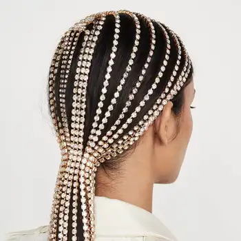 Hot Sale Bridal Headband Berlian Imitasi Panjang Rumbai Rambut Rantai Aksesoris untuk Wanita Kristal Multi Strand Kepala Rantai Rambut Perhiasan