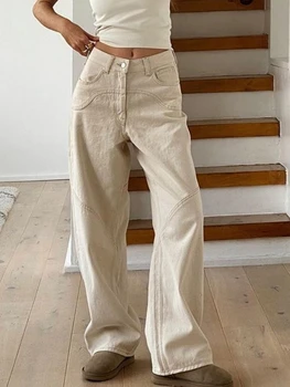 Houzhou Beige Jeans Longgar Wanita Kasual Celana Denim Vintage Pinggang Tinggi Lebar Kaki Celana Klasik Streetwear Fashion Musim Gugur Wanita