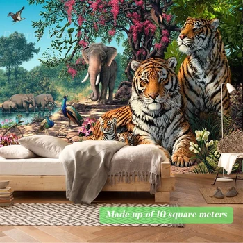 Hutan Alam Harimau Gajah Mural Wallpaper Ruang Tamu TV Sofa Latar Belakang Hewan Hutan Penutup Dinding Dekorasi Papel De Parede