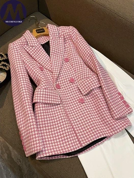 Jaket Wanita yang Chic dan Elegan Mantel Blazer Panjang Sedang Gaya Inggris Musim Semi Musim Gugur Blazer Pakaian Wanita Ramping Modis Blazer