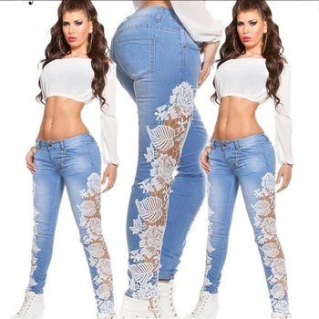 Jeans Hollow-Out Rajutan Renda Wanita y2k Celana Tren Pakaian Jalanan Bodycon Bodycon Pas Pinggang Tinggi Femme Celana ropa mujer