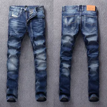 Jeans Pria Kasual Modis Celana Jeans Ripped Jeans Stretch Slim Fit Retro Biru Celana Denim Vintage Desainer Bordir Hombre