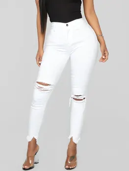 Jeans Ripped Skinny Elastis 2022 Jeans Pinggang Tinggi Wanita Jeans Pensil Denim Hitam Putih Berlubang untuk Wanita
