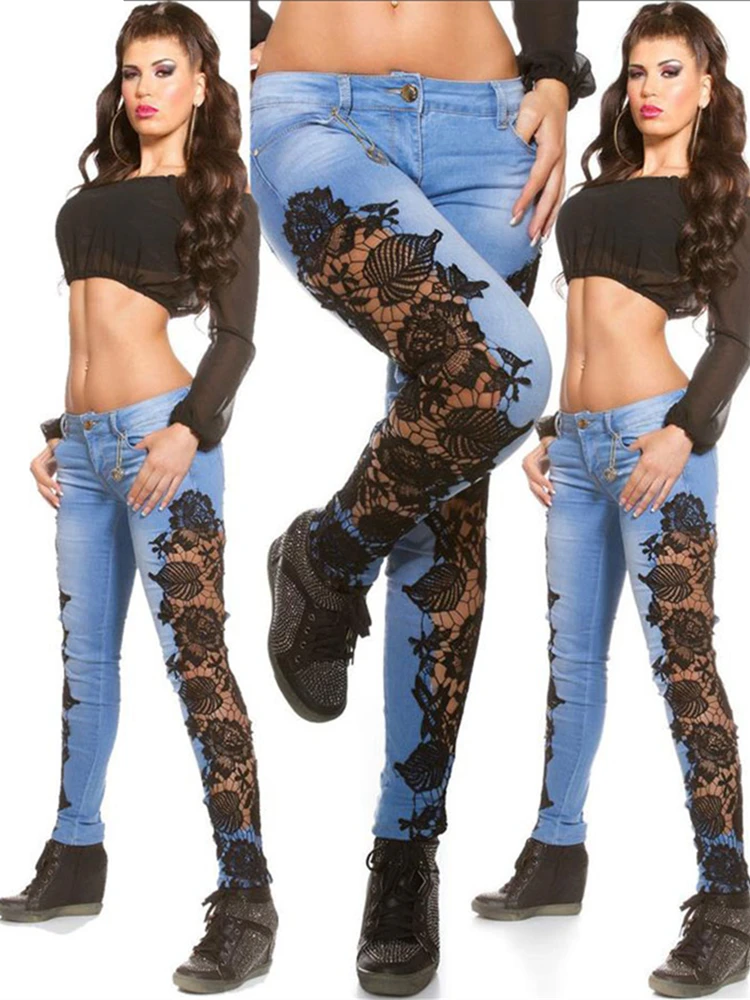 Jeans Hollow-Out Rajutan Renda Wanita y2k Celana Tren Pakaian Jalanan Bodycon Bodycon Pas Pinggang Tinggi Femme Celana ropa mujer - 1