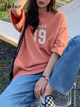 Jielur Kaus Harajuku Longgar Kaus Wanita Musim Panas Mode Sederhana Kaus Wanita Atasan Huruf Katun Oranye Merah Putih Keren Korea M-XL