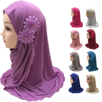 Jilbab Anak-anak Dengan bunga Syal Anak Perempuan Muslim Syal Lembut dan Melar untuk Gadis Kecil berusia 2 hingga 7 tahun Jilbab Anak-anak Arab 50cm