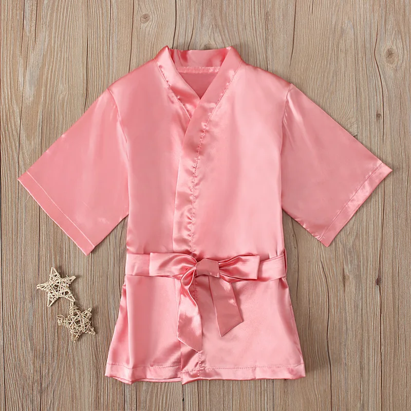 Jubah Anak-anak Jubah Mandi Kimono Satin Sutra Padat Baju Tidur Piyama Ulang Tahun Pakaian Tidur Anak Laki-laki Perempuan Jubah 12 Bulan -5 Tahun - 1