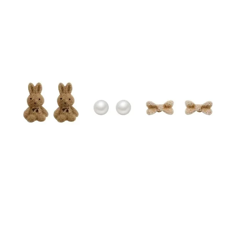 JWER Brown Flocked Bear Rabbit Earrings Set Anting Pejantan Kecil Mewah Lucu Anting-Anting Hewan untuk Wanita Wanita Hadiah Perhiasan - 5