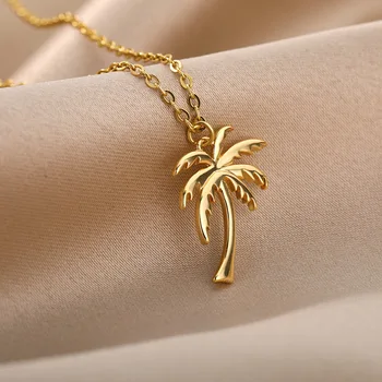 Kalung Liontin Pohon Kelapa Logam untuk Wanita Kalung Pesona Choker Berlapis Baja Tahan Karat Hadiah Perhiasan Pasangan Bohemian