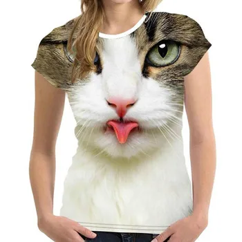 Kaos Fashion Wanita Atasan Motif Kucing 3D Kaus Famale Musim Panas Kaus Harajuku Hewan Leher O Lengan Pendek 2022 Pakaian Kebesaran