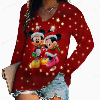Kaos Leher V Wanita Fashion Kasual Wanita Disney Christmas Deer dan Mickey Mouse Motif Lengan Panjang Kaus Longgar Kaus Wanita T-Shir