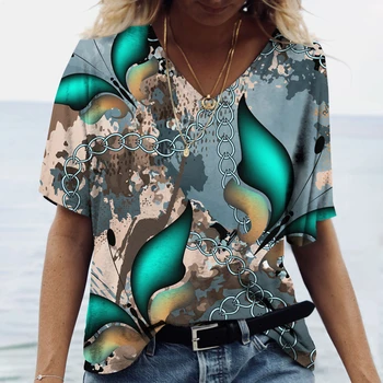 Kaos Wanita Musim Panas 2022 Atasan Fashion Motif 3D Grafis Bunga Kaus Harajuku Wanita Leher V Pakaian Kasual Ukuran Besar